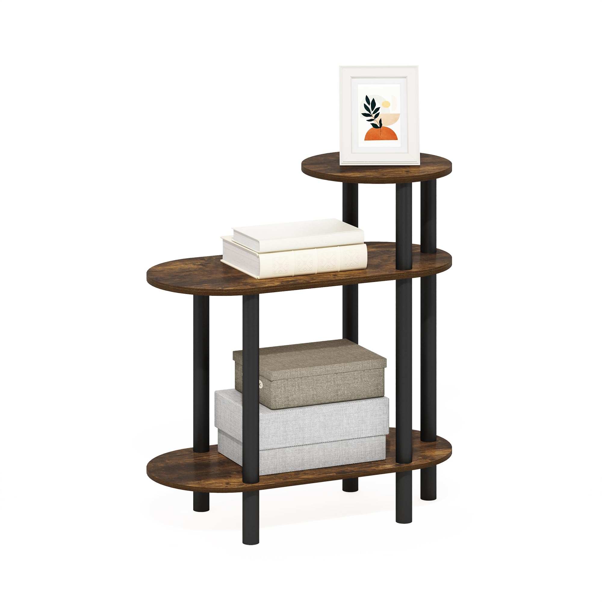 Furinno Turn-N-Tube Side Table, 3-Tier Oval Sofa End Table with Open Shelf, Toolless Assembly Night Stand, Bedside Table, for Living Room, Bedroom,
