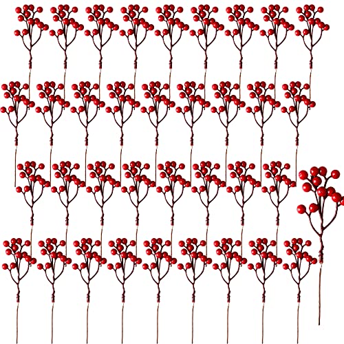 Rcanedny 40 Pieces Christmas Red Berry Stem Artificial Red Berry Stems Christmas Holly Berry Branches for Christmas Tree Decor Wreath DIY Craft
