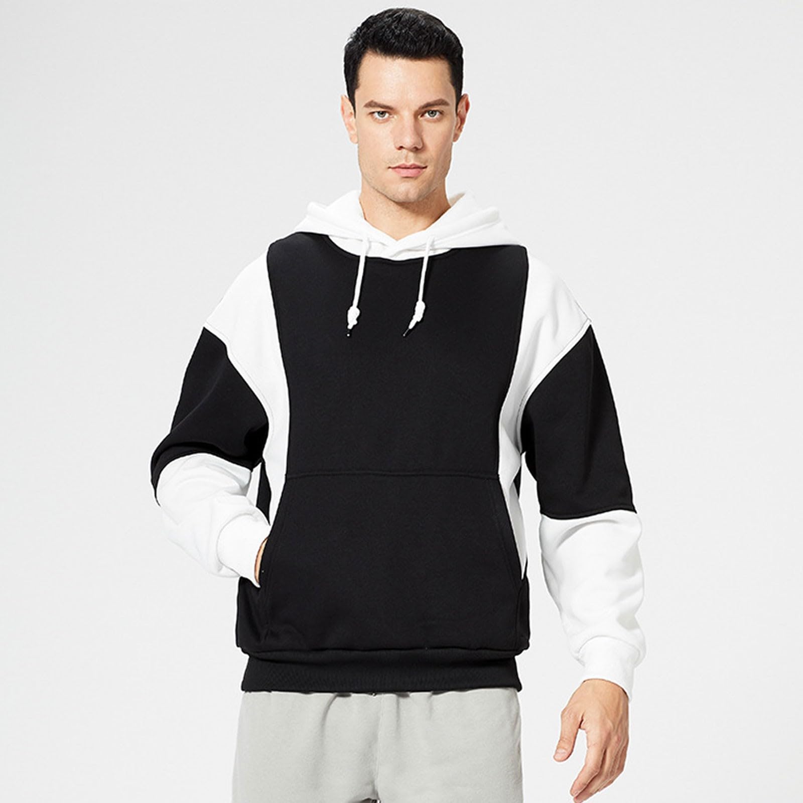 Moda męska bluza z kapturem sweter polarowy dla bezpieczeństwa na co dzień blok kolorów bluza z kapturem z długim rękawem topy z kapturem, Biały+czarny, L
