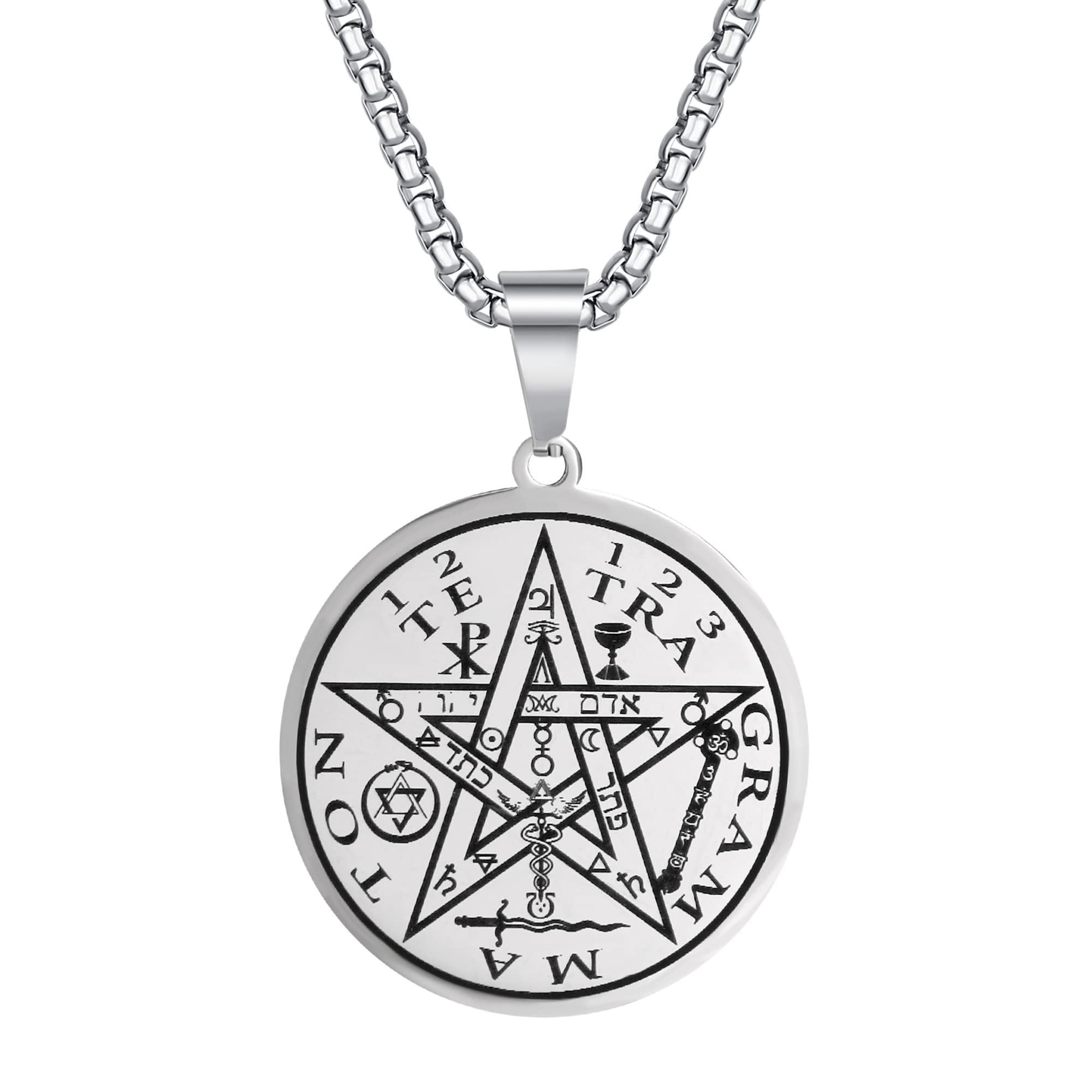 Tetragrammaton Pentacle Necklace for Men Pentagram Protection Amulet Wicca Jewelry, Five-pointed Star, Magical,The Ancient Power Name of God Stainless Steel 24 inches