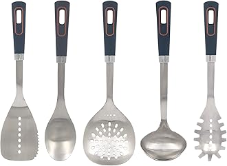 Glad Stainless Steel Utensils Set 5pc - Metal Kitchen Cooking Tools with Non-Slip Handles, High Heat Resistant for Cast Iron Cookware,Grey