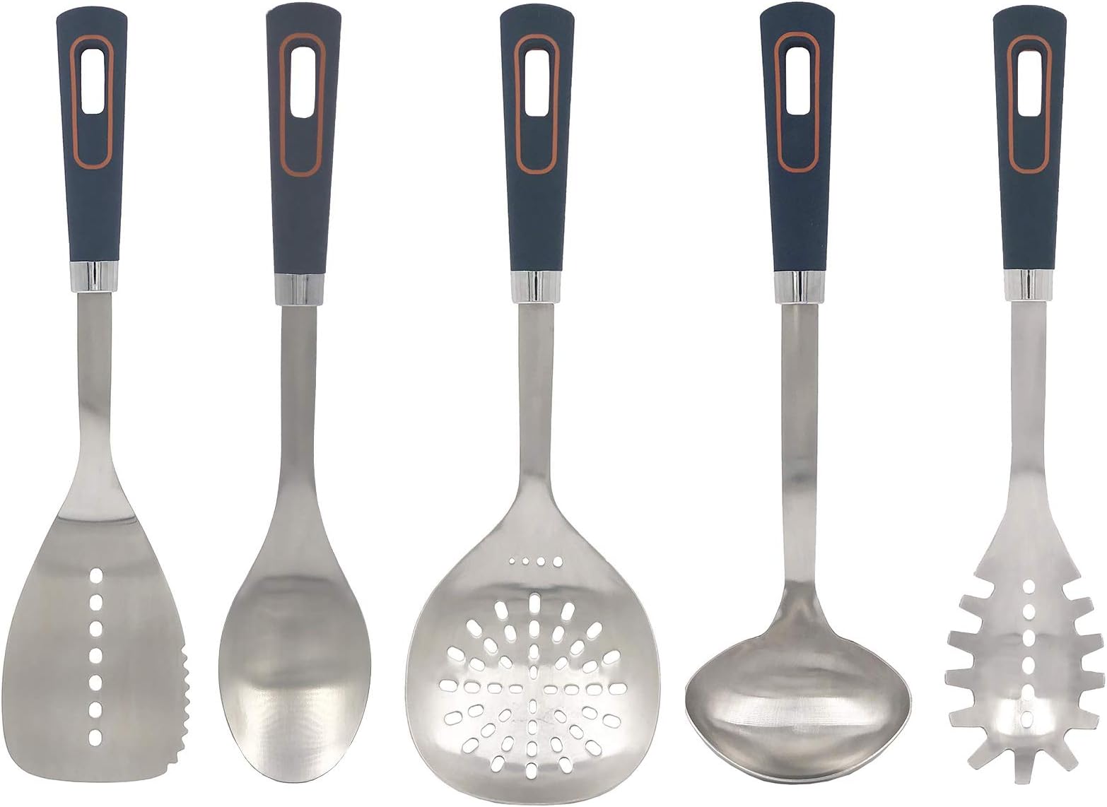 Glad Stainless Steel Utensils Set 5pc - Metal Kitchen Cooking Tools with Non-Slip Handles, High Heat Resistant for Cast Iron Cookware,Grey