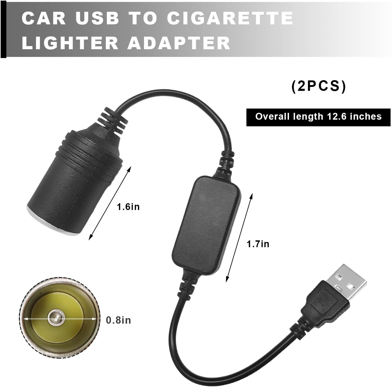 2 PCS USB to Cigarette Lighter Socket, 1 Ft 5V USB A Male to 12 Volt Car Cigarette Lighter Socket, Power Adapter Cable for Dash Cam GPS Radar Detector LED Light Strips, Car Accessories