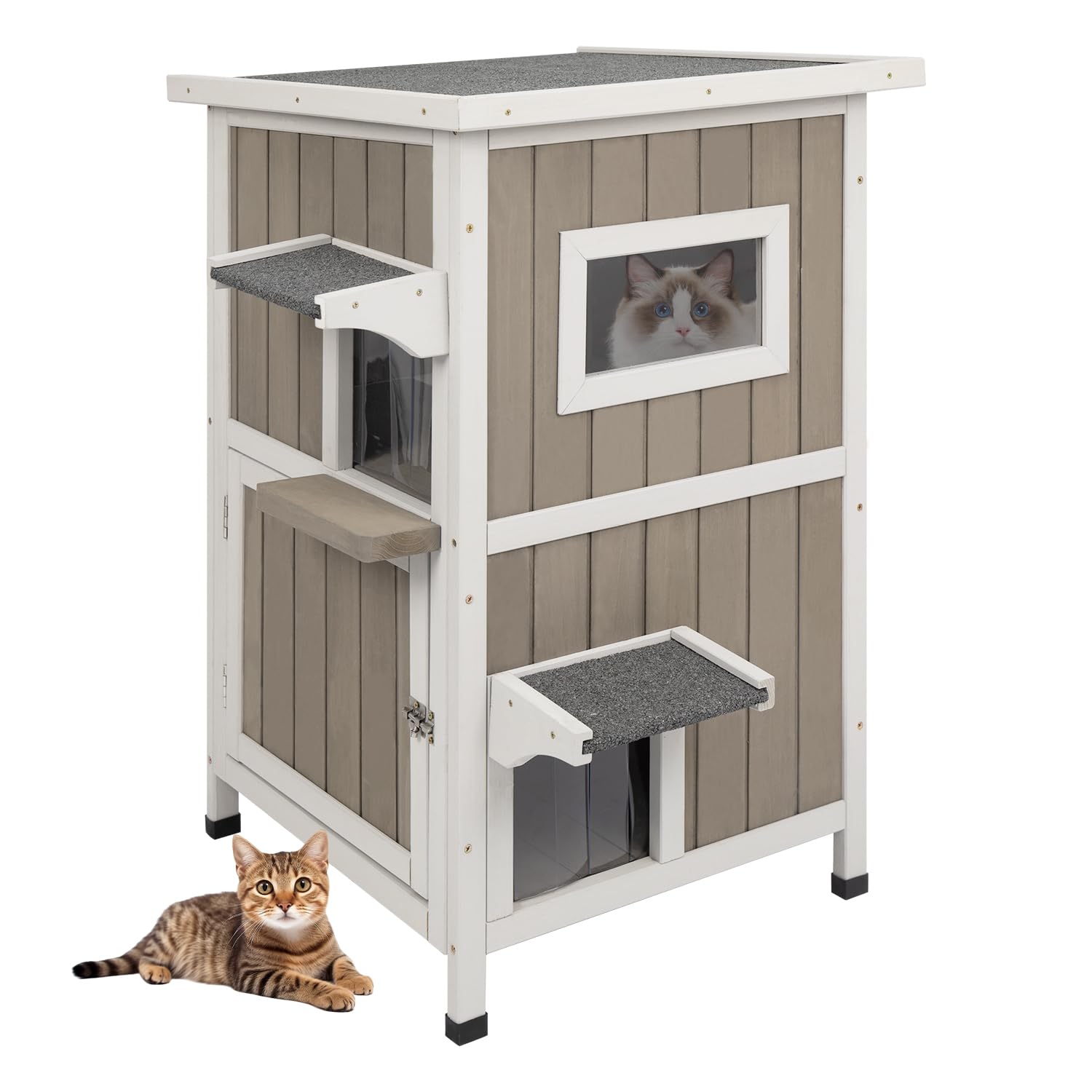 Outdoor Cat Shelter Weatherproof, Two Story Wooden Outside Feral Cat House with Escape Door, Removable Floor, PVC Rain Curtain and Acrylic Windows for Feral Cats
