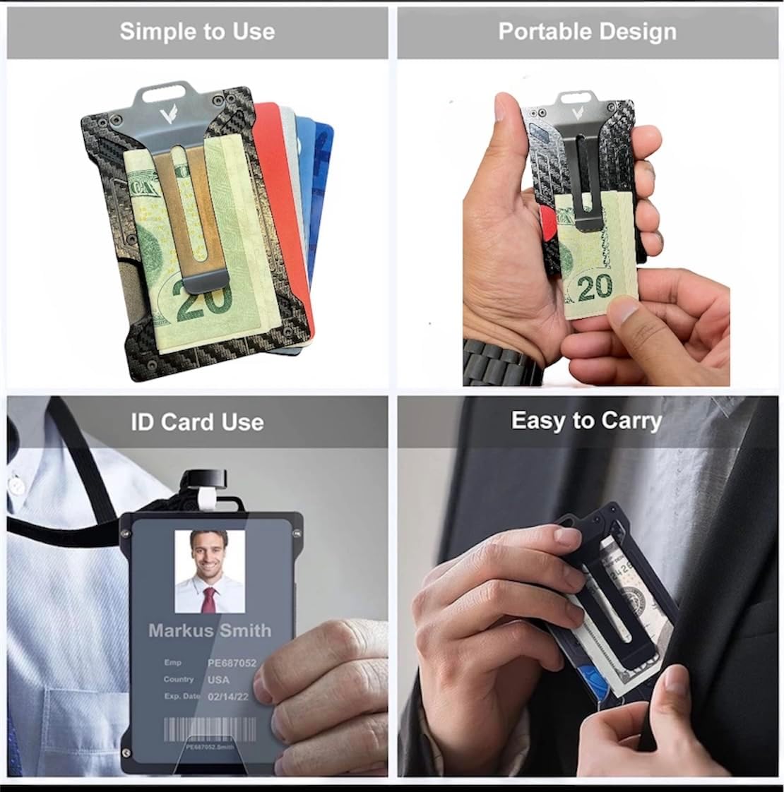 VIVIDUS Slim Mens Wallet Minimalist RFID Blocking Metal Aluminium Wallets for Men with Money Clip Credit card and cash holder, Slim wallet for men, Large, Carbon Fiber Black - Image 2