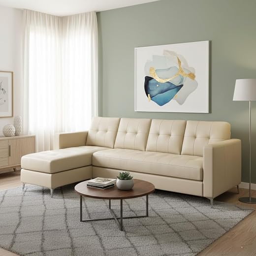 CASASTYLE Madison 5 Seater Leatherette LHS L Shape Sofa Set (Cream) Premium Finish | Ideal for Living Rooms