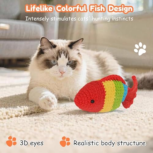 Miniatura 6 de Juguete de gato de pez de ganchillo a mano con hierba gatera y campana, juguetes interactivos naturales para gatos de interior, juguetes suaves de