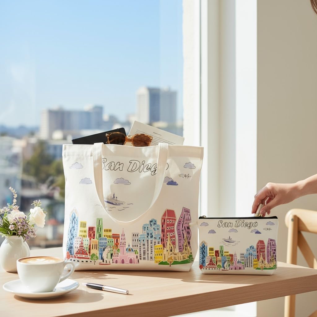 City Themed Artwork Cosmetic Bag Series – Designed in USA, Travel Makeup Bag with Zipper, Souvenir Gift for Women, Artwork Organizer for Purse or Toiletry (San Diego) - Image 4