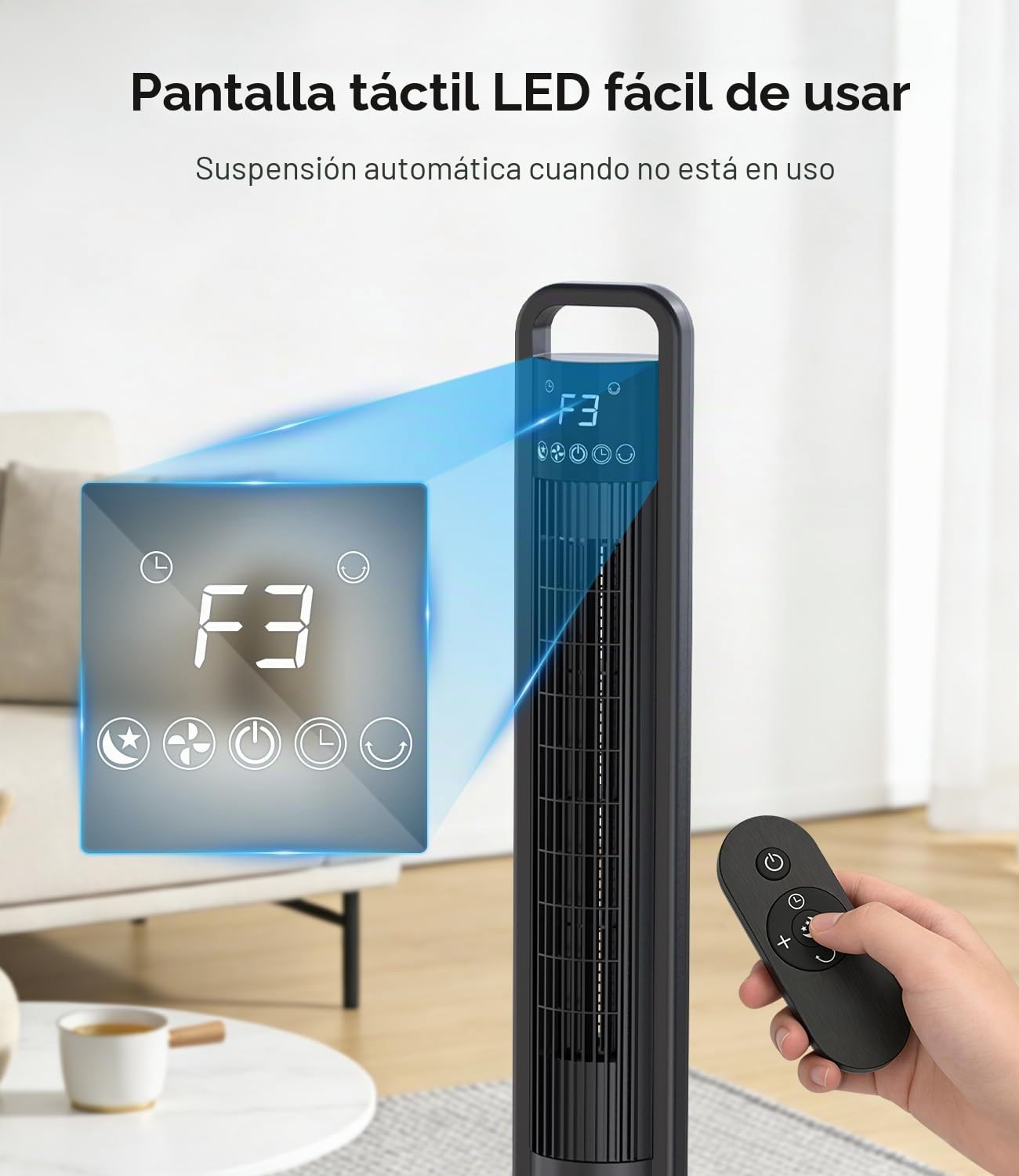 Ventilador de Torre Silencioso con Mando, 4 Velocidades, Velocidad de 9 m/s, Rotación de 70°, Temporizador 12H, Pantalla LED, 91cm Ventilador de Pie con Modo Sleep