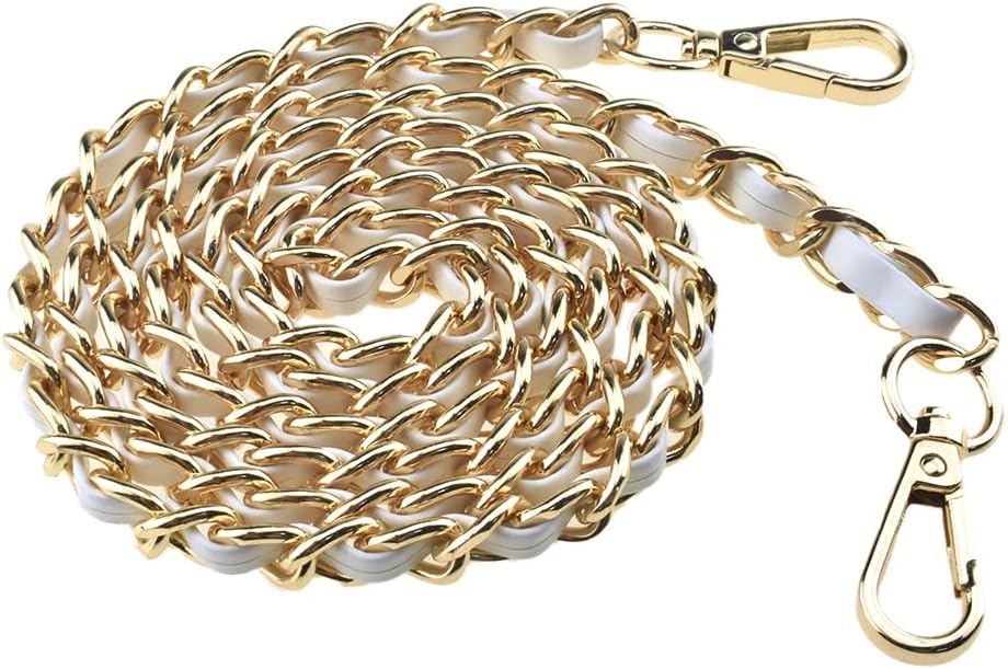 HAHIYO Metal Plus Synthetic Leather Purse Chain Strap Length 47.2 Inches Gold White for Shoulder Cross Body Sling Purse Handbag Clutch Replacement Comfortable 0.47 Inches Wide 5mm Extra Thick 1 Pack
