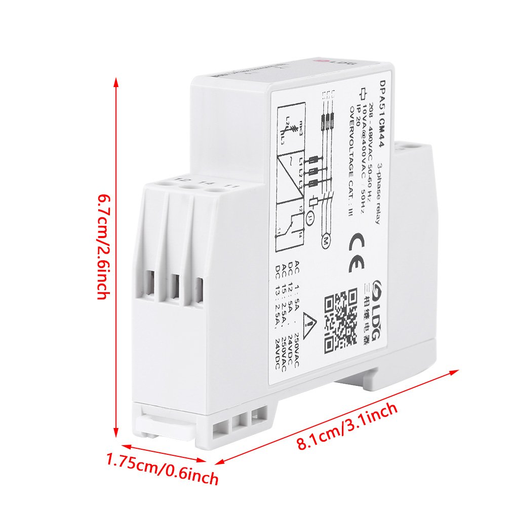 3-phase sequence relay, 208-480VAC Three-phase voltage monitoring relay, IP20, for phase sequence and phase loss, for motors, elevators, power systems