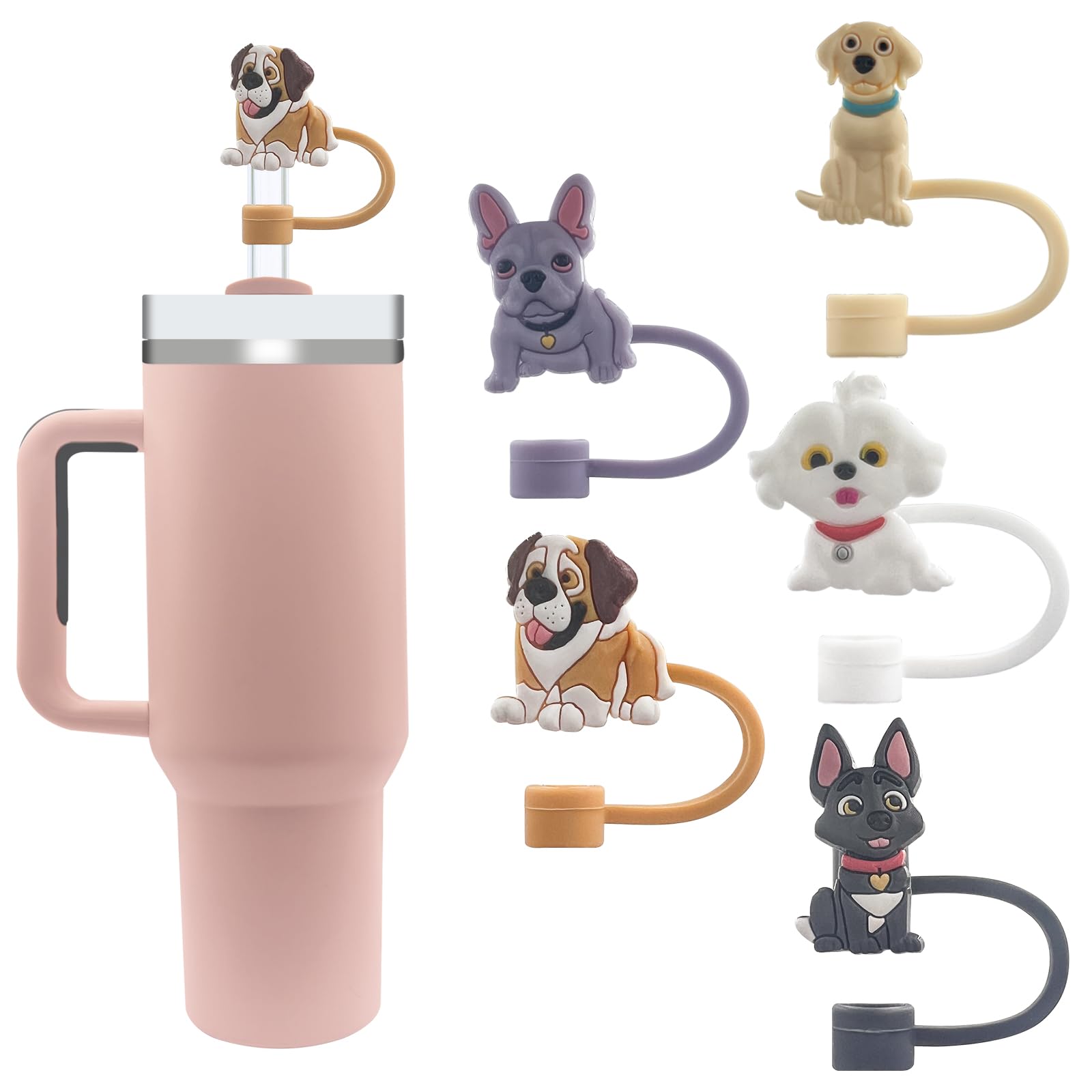 Velaco 5Pcs 0.4in/10mm Diameter Silicone Straw Covers Cap for Stanley 20 30&40 Oz Cup, 5 Different Dog Straw Toppers for Stanley 40 Oz Tumbler with Handle, Dust-Proof Straw Caps for Water Bottle