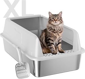 Stainless Steel XL Cat Litter Box for Cats, High-Sided Design Prevents Urine Leakage, Non-Stick, Easy to Clean, Includes Scoop, Gray
