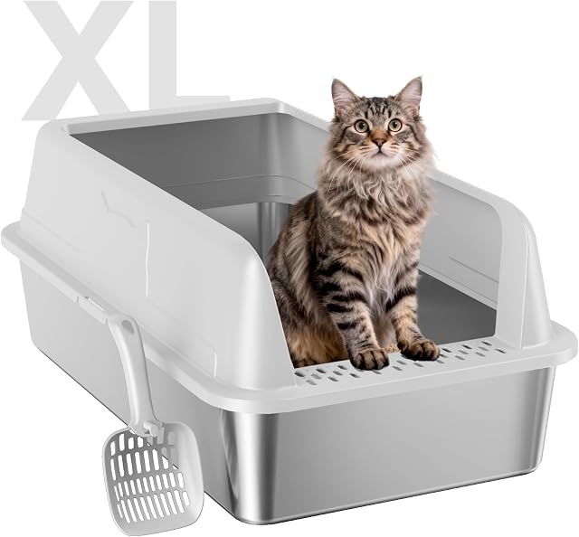 Stainless Steel XL Cat Litter Box for Cats, High-Sided Design Prevents Urine Leakage, Non-Stick, Easy to Clean, Includes Scoop, Gray