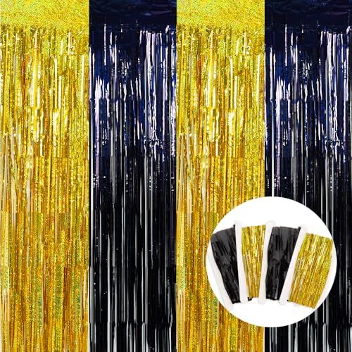 Image of BEISHIDA 4 Pcs Black and Gold Party Streamers Fringe Foil Curtain Backdrop Tinsel Background Party Decoration for Door Wall Graduation Birthday Wedding Anniversary Christmas Party Decoration