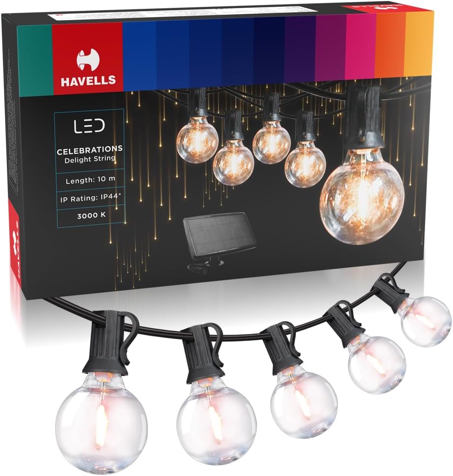 Havells Celebrations Delight Solar String Light for Indoor & Outdoor Festival Decoration (10 Metre,33 Feet, 21 Bulbs & 3 Spare Bulbs)