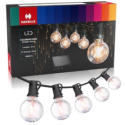 Havells Celebrations Delight Solar String Light for Indoor & Outdoor Festival Decoration (10 Metre,33 Feet, 21 Bulbs & 3 Spare Bulbs)