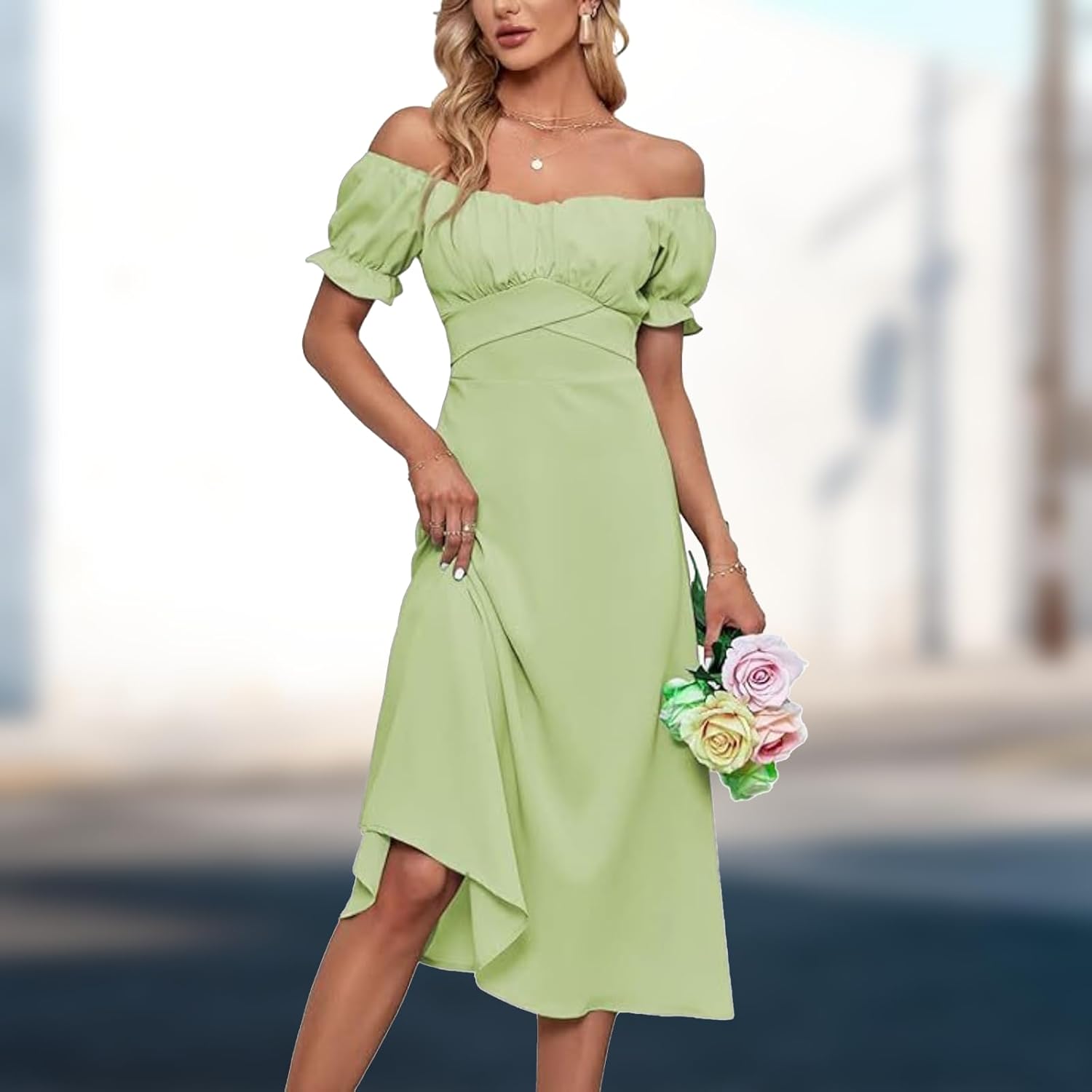 Womens Off Shoulder Midi Dress Elegant Solid Color Ruffle Puff Sleeve Flwoy Vacation Party Prom Dresses - Image 2