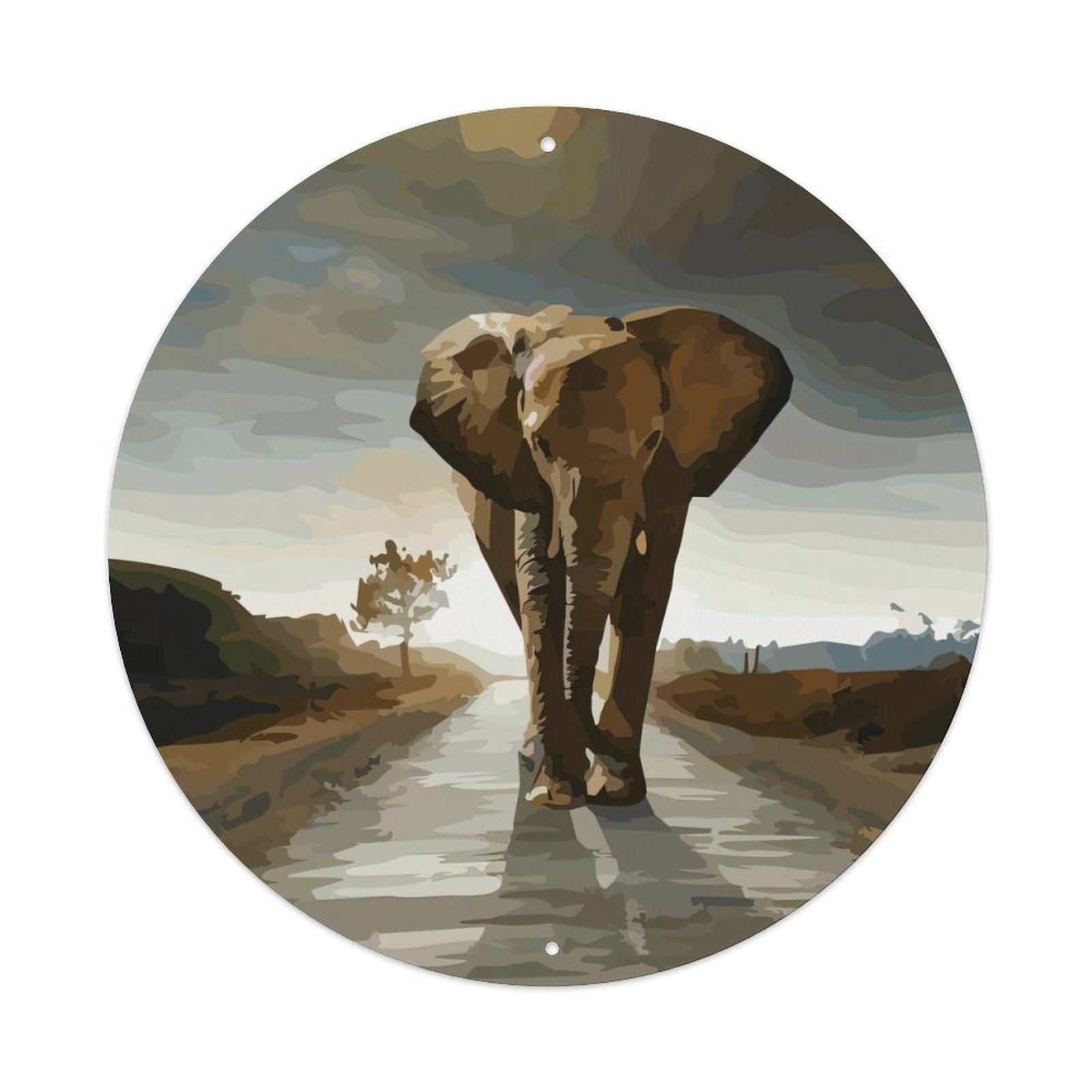 Animal Artwork Elephants on The Road Vintage Metal Tin Sign Plaque Wall Decor for Cafe, Club, Garden Round Metal Poster 8x8Inch