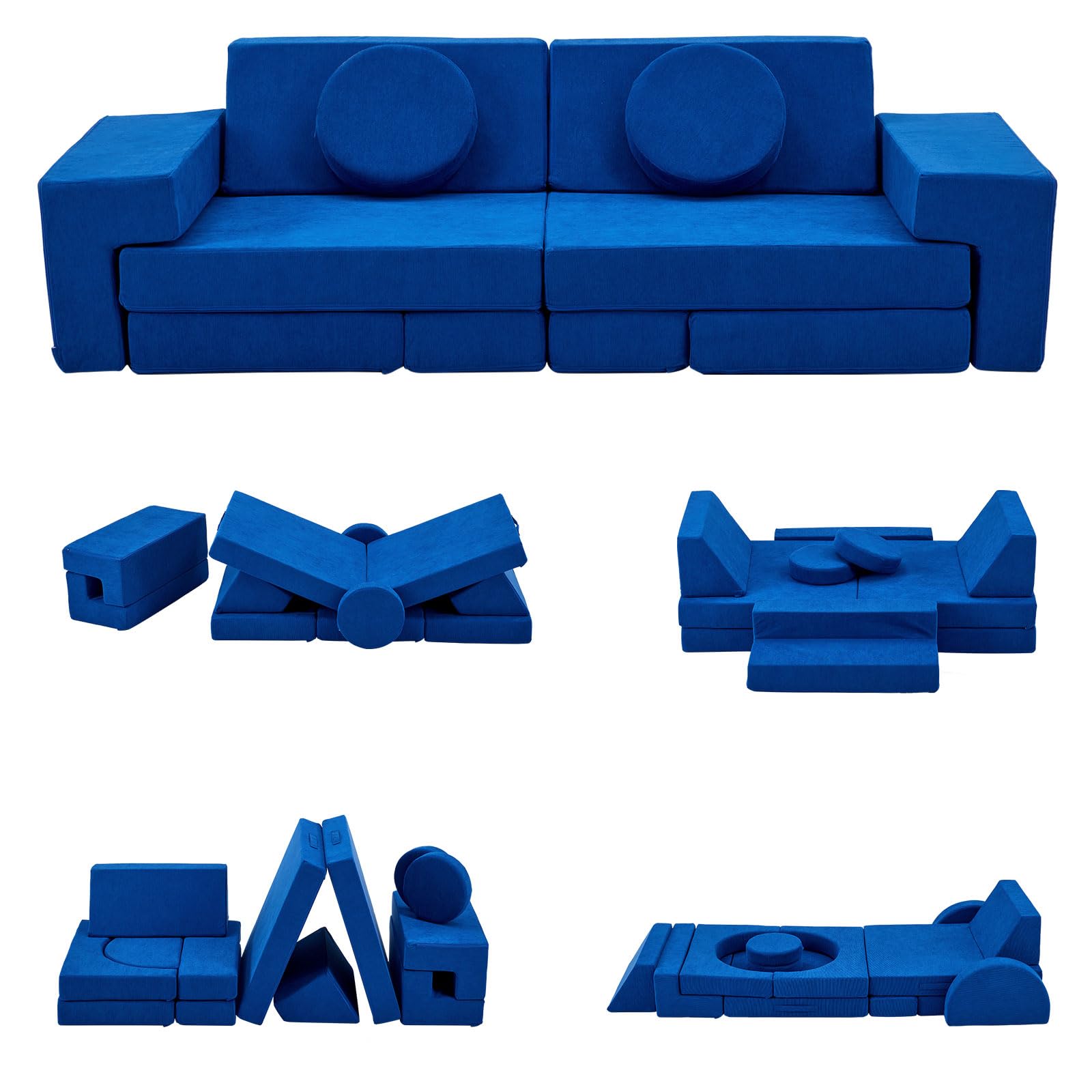 LALAHO Canape pour Enfant Modulaire，Chauffeuse 2 Places，Chauffeuse & Canapé Convertible Enfant，Velours Côtelé，Librement Combinable，pour Chambre d'enfant, Salle de Jeux，Chambre à Coucher（Bleu）