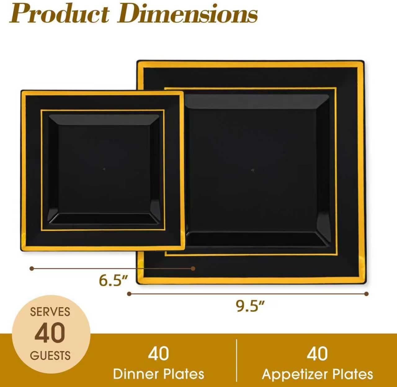 80pcs Black Plastic Plates With Gold Rim, Square Disposable 9.5inch Dinner Plate and 6.5inch Dessert Plates for Party, Wedding and Birthday