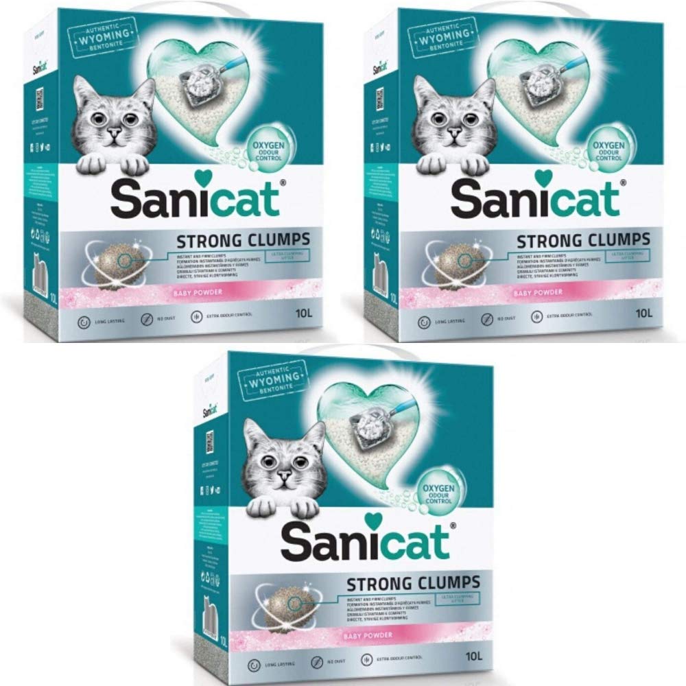 Sanicat Arena para gatos ultra agachada, 3 x 10 l, natural fuerte, desodorante sin polvo, aroma fresco agradable de Babypowder