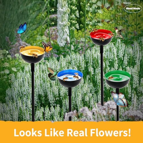 WSBXBB 4 Pack Bee Waterer and Butterfly Water Stations for Garden, Bee Water Catcher for Thirsty Pollinators, Colorful Metal Garden Sculpture Stakes Decor