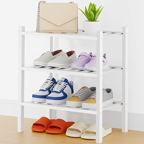 Miniatura 100 de Smiry Estante para zapatos, organizador de zapatos de bambú de 2 niveles, estante de almacenamiento de zapatos de madera apilable independiente para