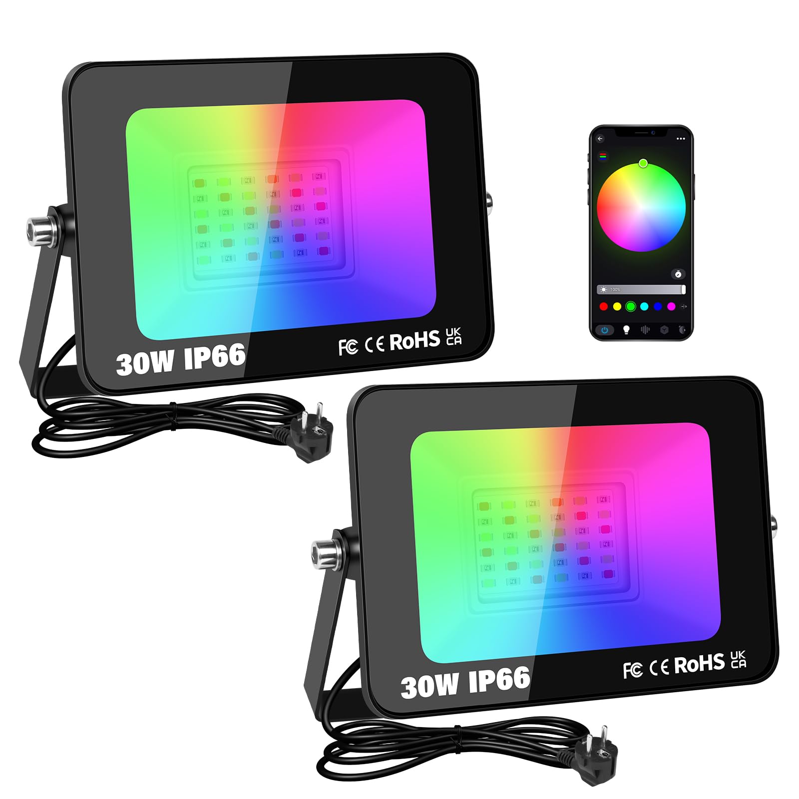 SKYWORLD 2 pezzi Faretto Led RGB Esterno 30W,Faretti RGB da Esterno con APP Bluetooth e Tempi,16 Milioni Colori,IP66 Impermeabile Fretto RGB per Giardino Terra Partito Giardino Cortile Pasqua