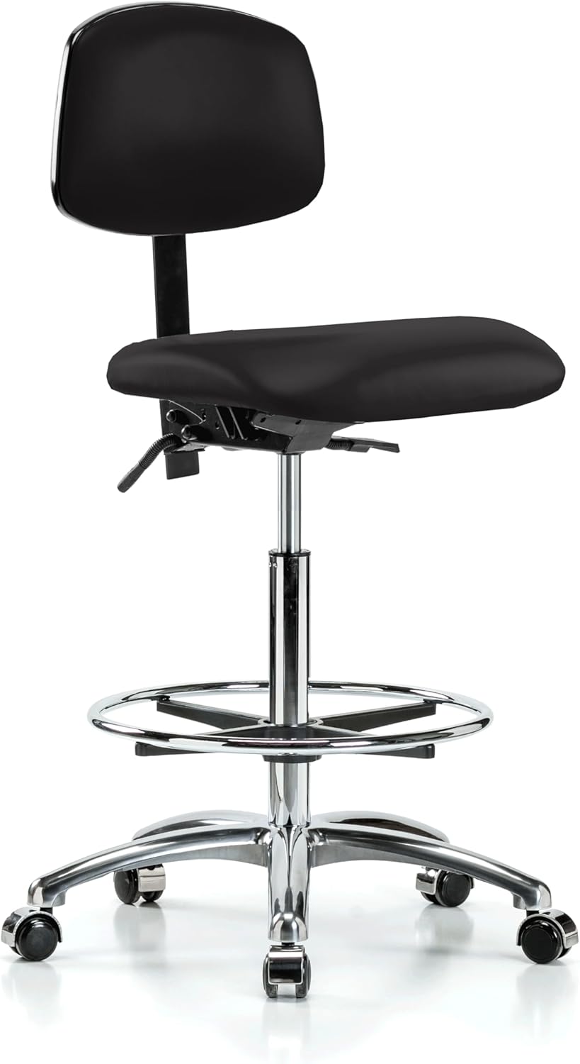 Perch Chrome Rolling Lab Chair with Adjustable Back Support | Desk Height 17-22" | Black Vinyl