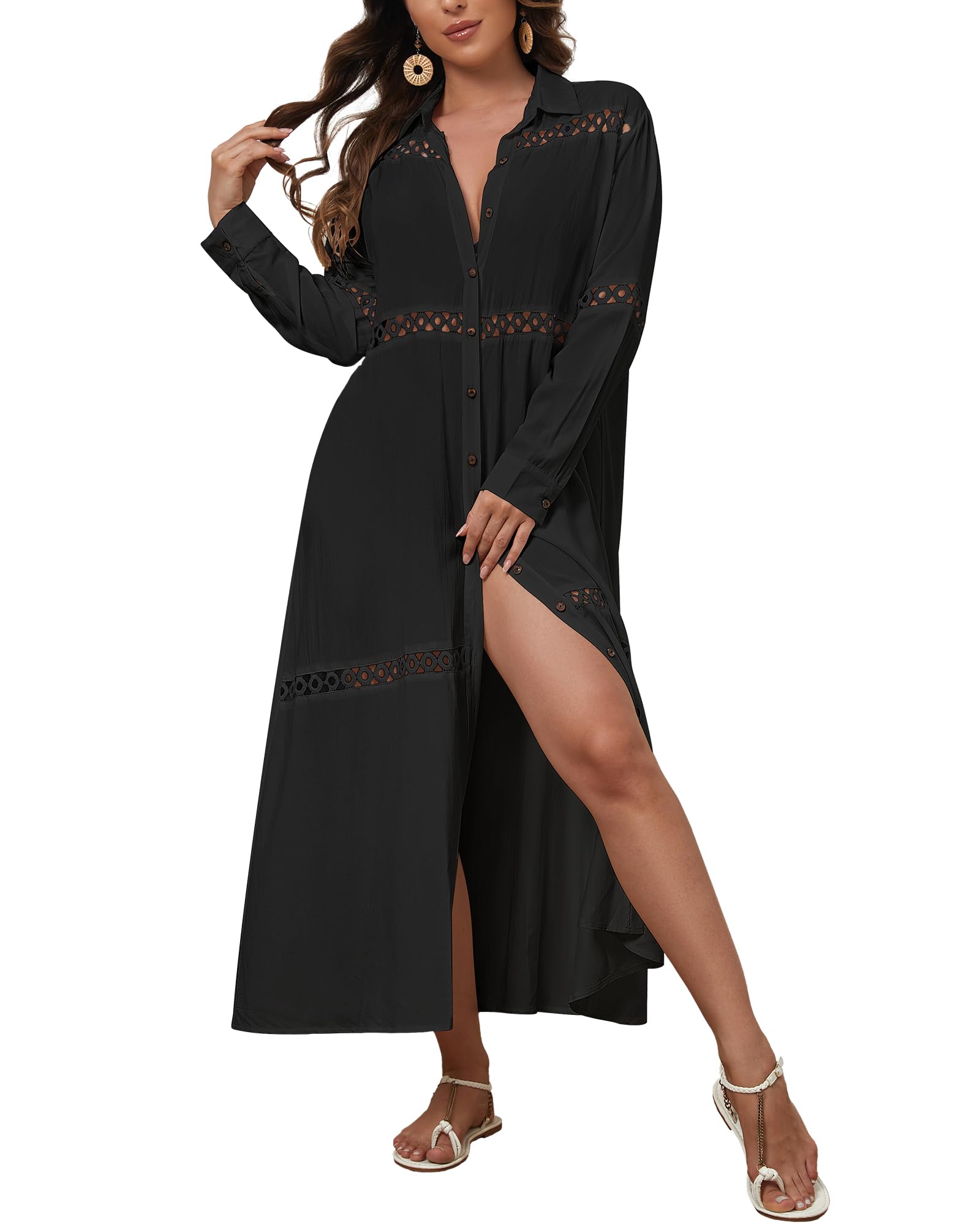 Bsubseach Long Beach Cover Ups for Women 2025 Button Up Dress for Swimwear Women Casual Kimonos Cardigan Bathing