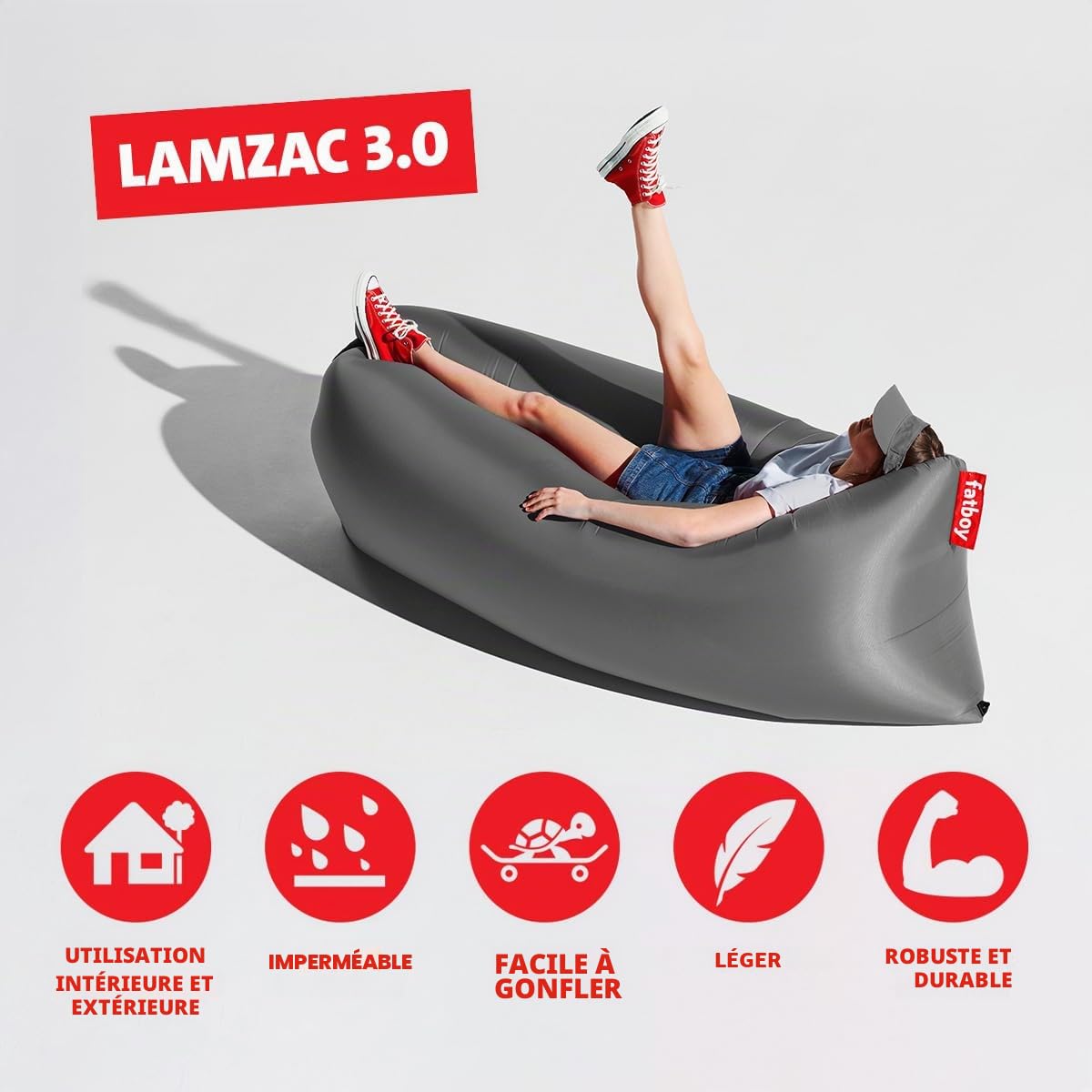 Fatboy® Lamzac 3.0 Canapé/Pouf/Sofa Gonflable | Gris Acier | Hamac rempli d'air | pour l'extérieur (Plage, Jardin ou Piscine) | 200 x 90 x 50 cm