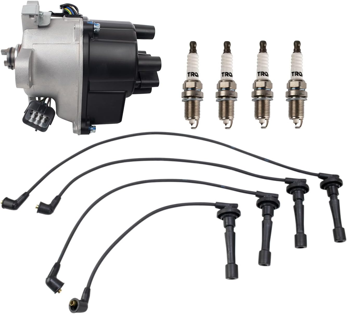 TRQ Ignition Coil and Spark Plug Kit 6 Piece Distributor Spark Plug Wires Compatible with 1992-1995 Acura Integra