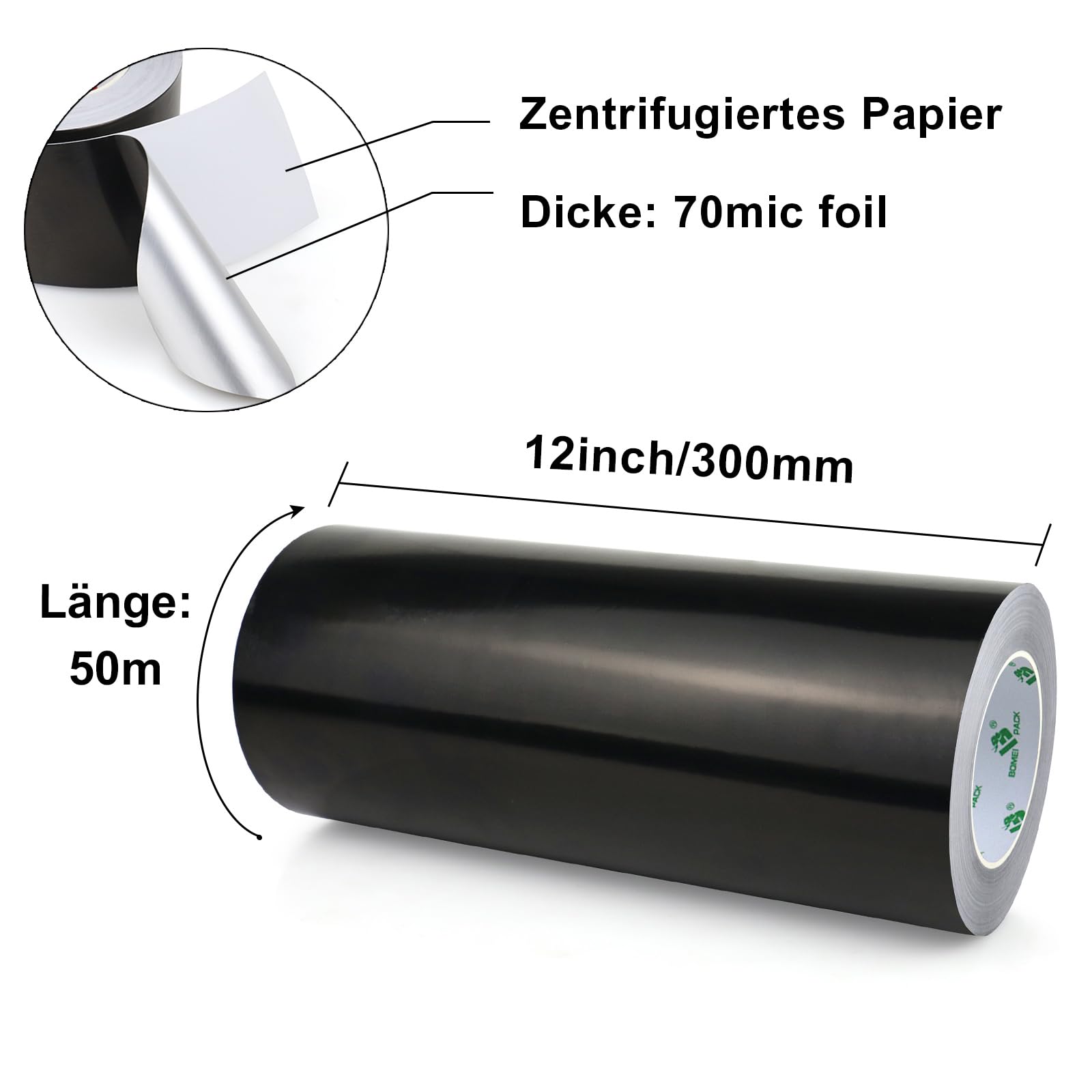 BOMEI PACK Czarna aluminiowa taśma klejąca 300 mm x 50 m – odporna na wysokie temperatury taśma izolacyjna – aluminiowa taśma klejąca do izolacji – taśma uszczelniająca – samoprzylepna taśma