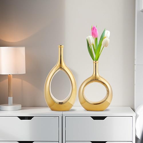 Miniatura 7 de CERANEE Juego de 2 jarrones huecos, jarrones ovalados para decoración de centros de mesa, florero geométrico brillante de cerámica con agujero en el