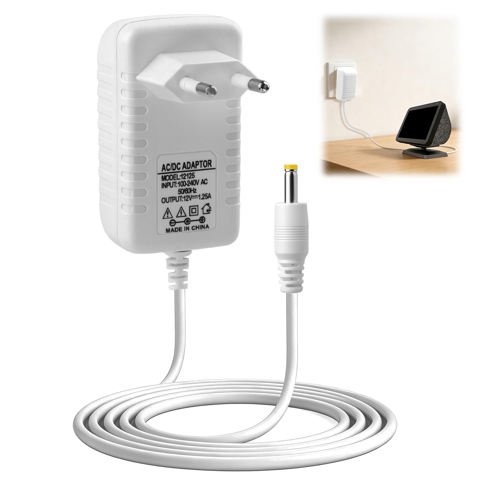 15W Cargador Adaptador para Echo Dot 3ª/4ª/5ª Gen Adaptador Corriente con Echo Dot Show 5 1ª/2ª Fire TV Cube Spot Pop Fuente Alimentación 12V/1.25A con Cable 1.5m Blanco