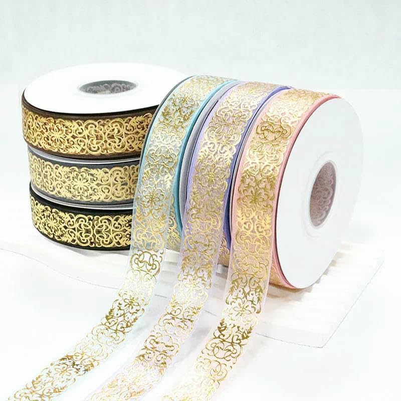 Großhandel 1'' 25mm Gold Arabesque Damast Chiffon Organzaband für Verpackung Hochzeit DIY Handwerk Nähzubehör-153Sherbet-50Yards