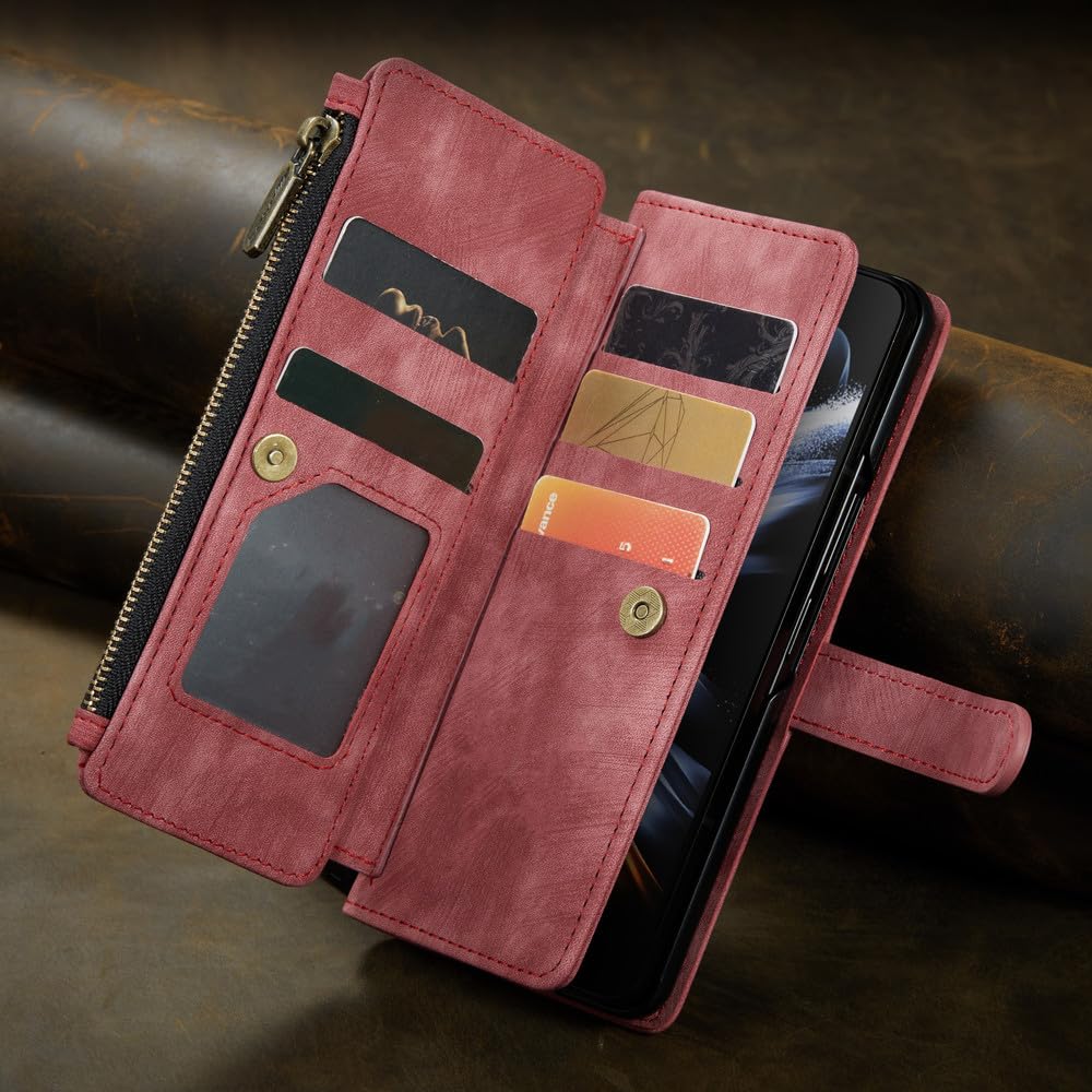 Funda Tipo Billetera de Cuero con Cremallera para Samsung Galaxy Z Fold 5 4 3 5G Funda Tipo Monedero con Ranuras para Tarjetas para Z Fold5 Fold4 Fold3, Rojo, para Z Fold4