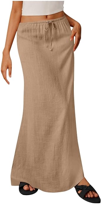 duxyoz Women Linen Maxi Skirt Summer Casual A Line Skirts Low-Rise Elastic Drawstring Long Skirt Solid Color Flowy Elegant Dressy Loose Holiday Boho Beach Skirts Floor Length Cover Ups