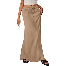 duxyoz Women Linen Maxi Skirt Summer Casual A Line Skirts Low-Rise Elastic Drawstring Long Skirt Solid Color Flowy Elegant Dressy Loose Holiday Boho Beach Skirts Floor Length Cover Ups