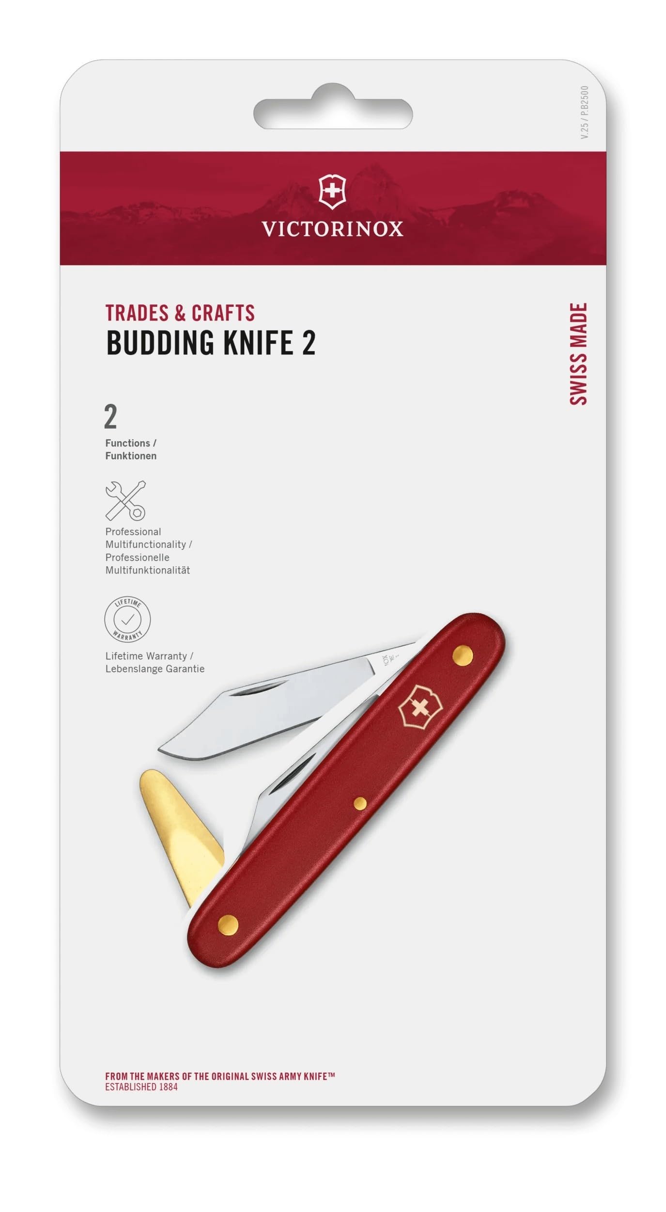 Victorinox Gartenmesser Okuliermesser für Gartenarbeiten, Rostfreie Spitze Klinge, 50 mm, Messing-Rindenlöser, Rot