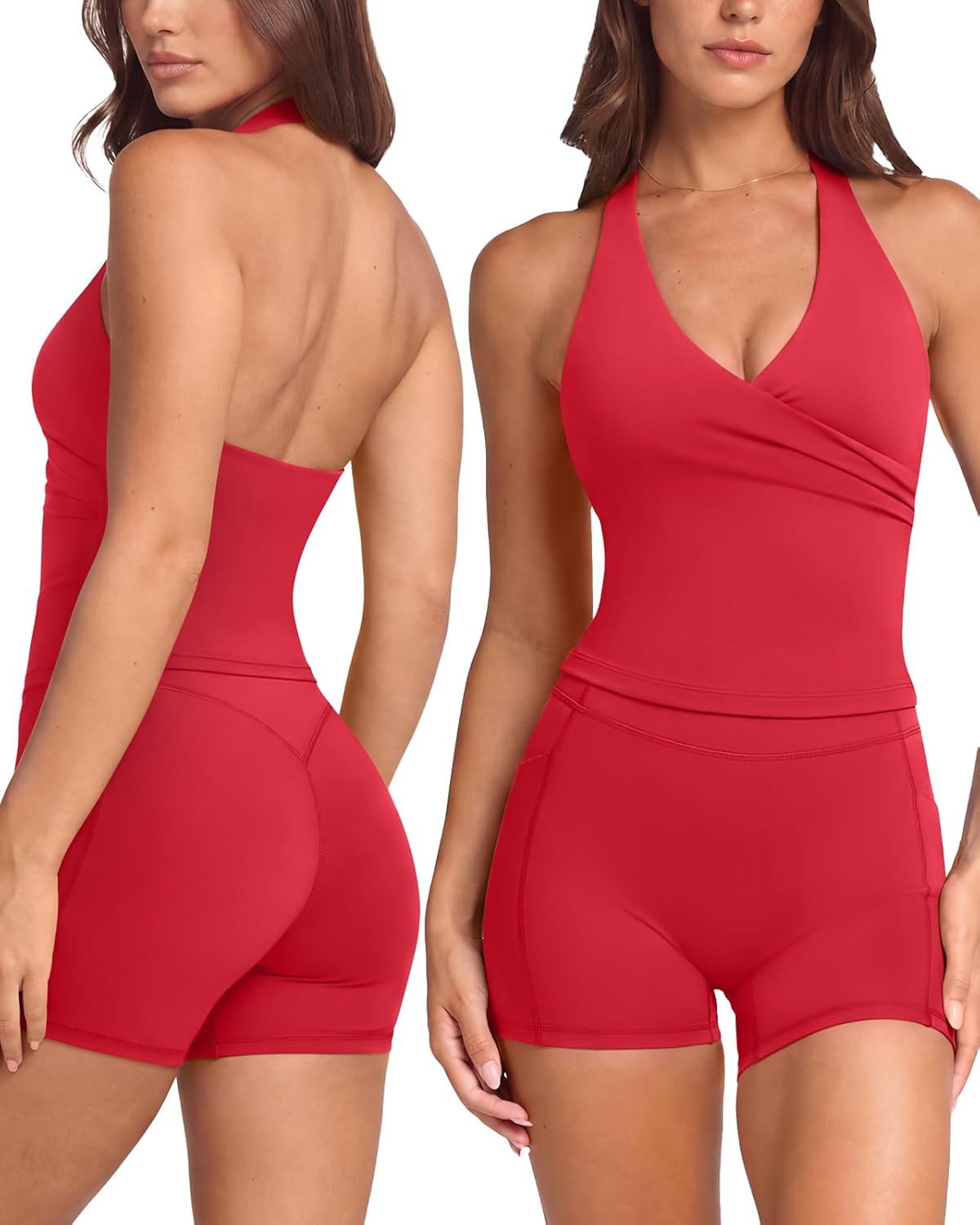 SUUKSESS Women 2 Piece Halter Open Back Workout Sets Padded Tank Top High Waisted Tummy Control Biker Shorts with Pockets