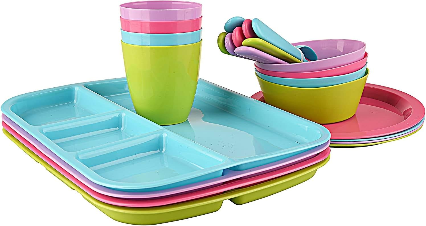 24 pc Kids Dinner Set by Mainstays, BPA free, Microwave/dishwasher safe, toddler snack/meals, mixed colors : Baby