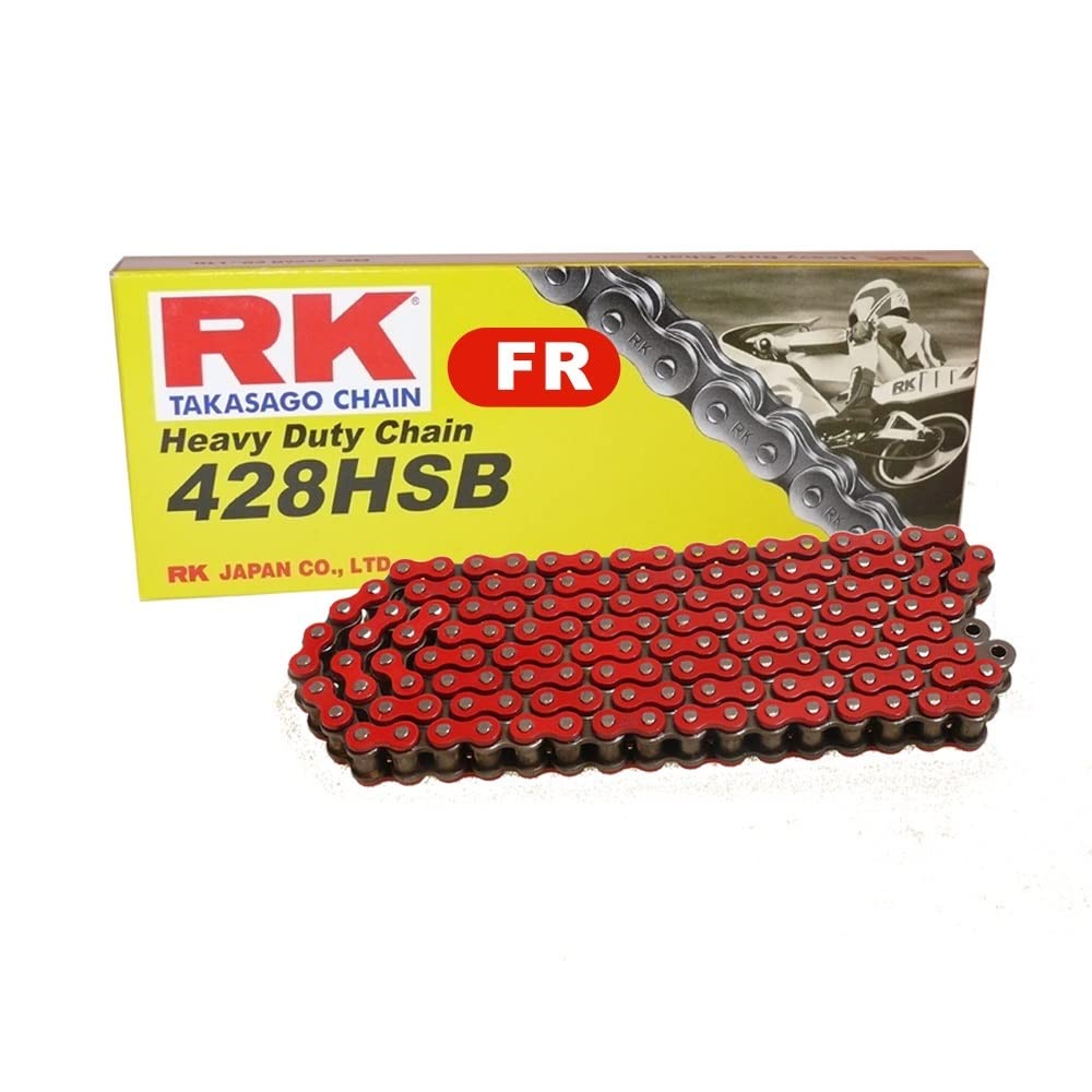 Motorradkette in ROT RK FR428HSB mit 120 Rollen und Clipschloss offen