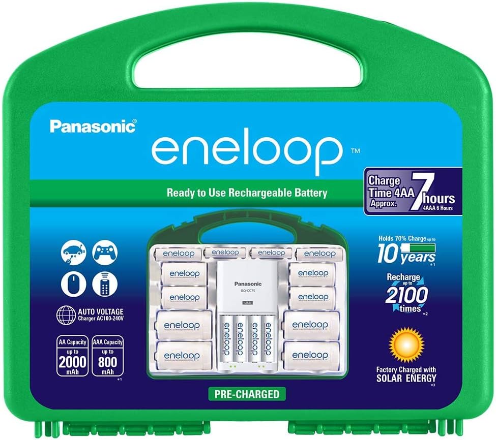 Eneloop Panasonic K-KJ75MC64ZA Power Pack 6AA, 4AAA, 4 C Adapters, 4 D Adapters, “Advanced” Individual Battery Charger with USB Port and Plastic Storage Case