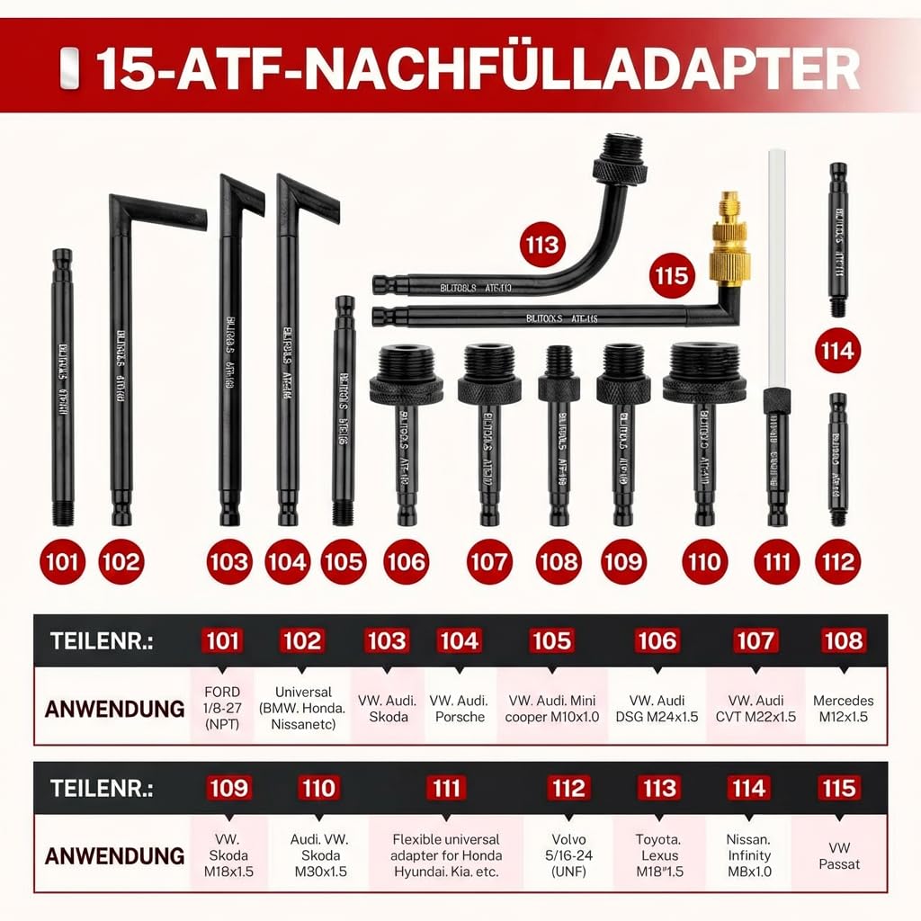 BILITOOLS Getriebeöl-Einfüllgerät Druckluft, Pneumatische Getriebeölpumpe | 8L automatisch Getriebeölwechsel Set zum Befüllen & Absaugen mit 15 ATF-Adaptern