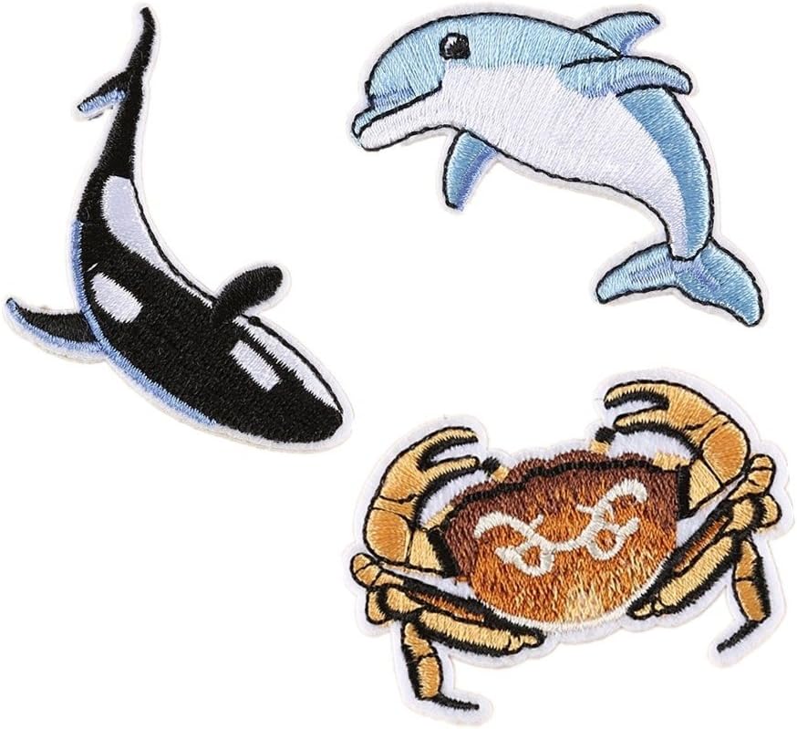 Meatilk 3pcs Crab Dolphin DIY Embroidered Stickers Iron Sewing on Applique Patches