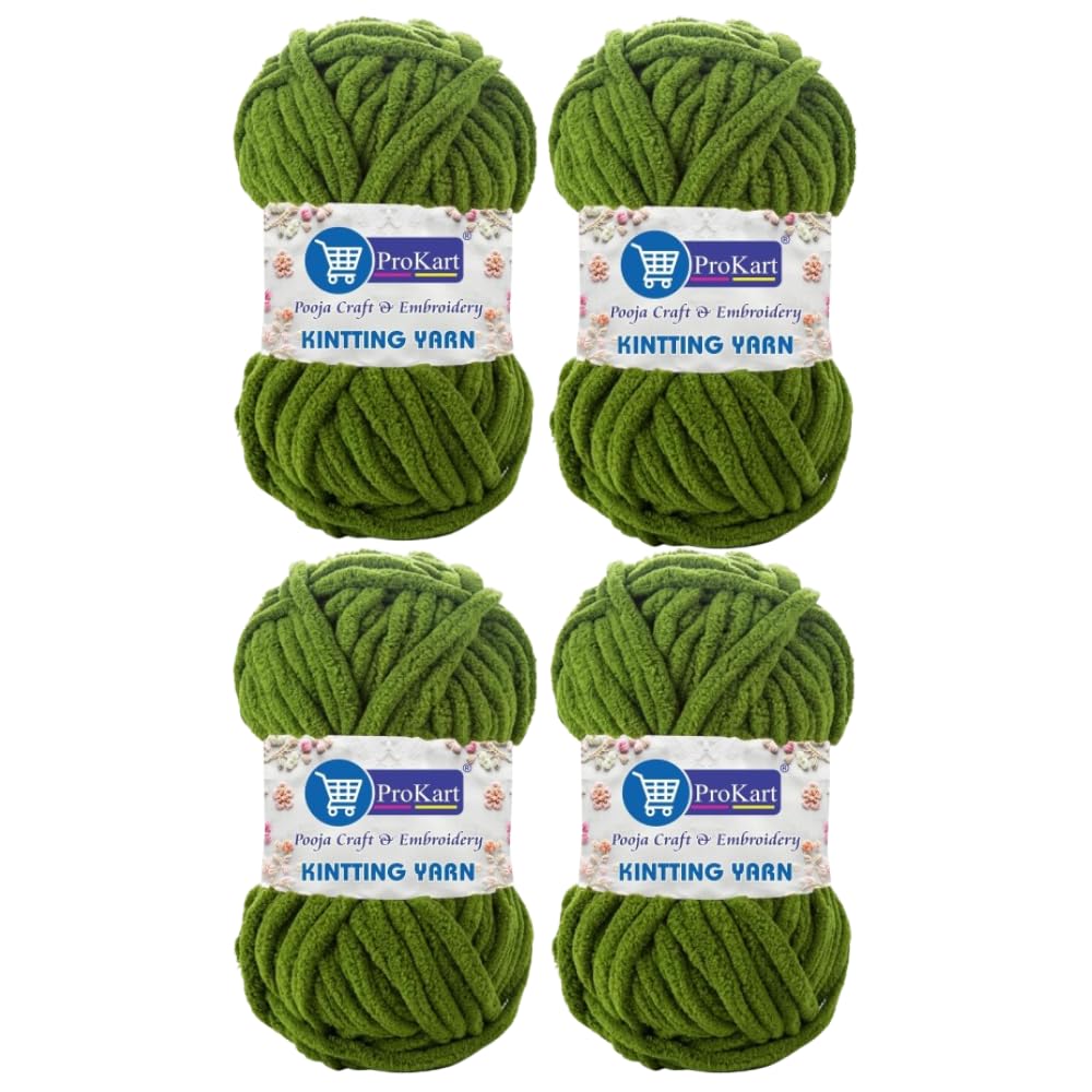 ProKart Premium Blankie Wool, Plush & Cuddly, Chenille Yarn Supersoft Hand Knitting Wool Ball | Blanket Thick/Mottu Yarn Ball Suitable for Hand Knitting and Crocheting for Baby, Adult, Sweaters, caps, Throws, Home Furnishing, Scarves, Blankets (Mehndi Green, 100gms x 4 Pack)