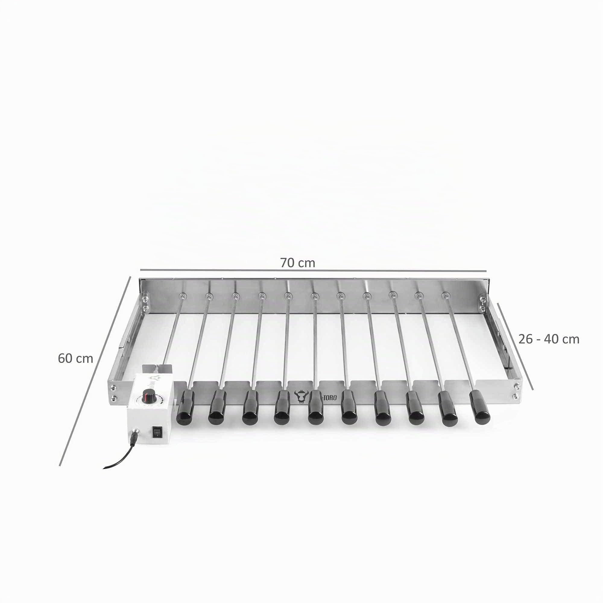 BBQ-TORO Pincho Giratorio con Motor I Acero Inoxidable I para 11 Pinchos I Altura Regulable 70 x 26-40 cm I con Enchufe y Cable USB