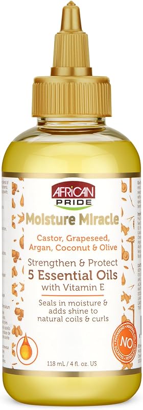 African Pride Moisture Miracle 5 aceites esenciales para el cabello con vitamina E | Humedad, Brillo, Protección y Crecimiento | Aceite de argán, ricino, semilla de uva, coco y oliva | 4 onzas